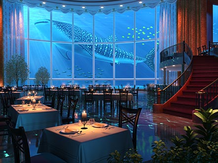 Underwater restaurant with whale shark at the window